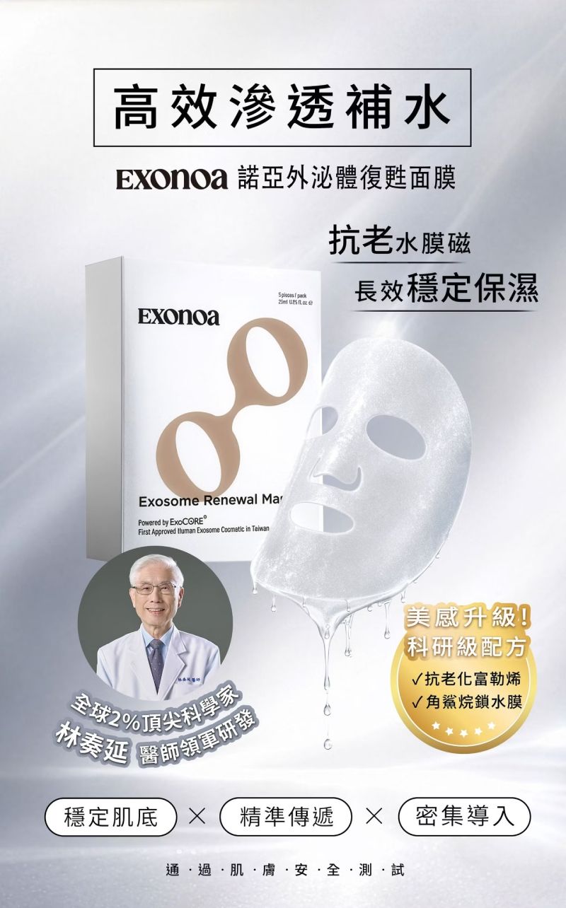 諾亞外泌體復甦面膜，林奏延醫師團隊研發，高效滲透補水與抗老保濕